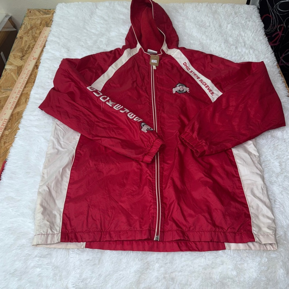 Ohio State Buckeyes Red‎ White Full Zip Hooded Windbreaker Jacket Mens L Red Oak